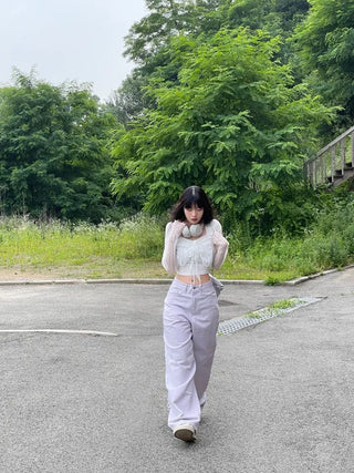 Canil shirring lace warmer double strap crop cardigan