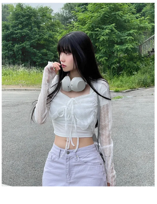 Canil shirring lace warmer double strap crop cardigan
