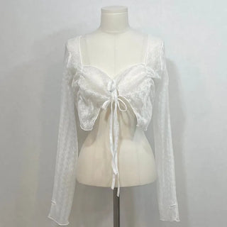 Canil shirring lace warmer double strap crop cardigan