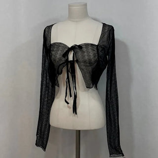 Canil shirring lace warmer double strap crop cardigan