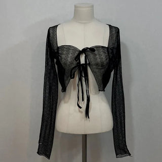 Canil shirring lace warmer double strap crop cardigan