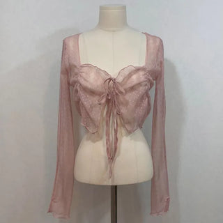 Canil shirring lace warmer double strap crop cardigan