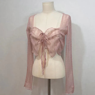 Canil shirring lace warmer double strap crop cardigan