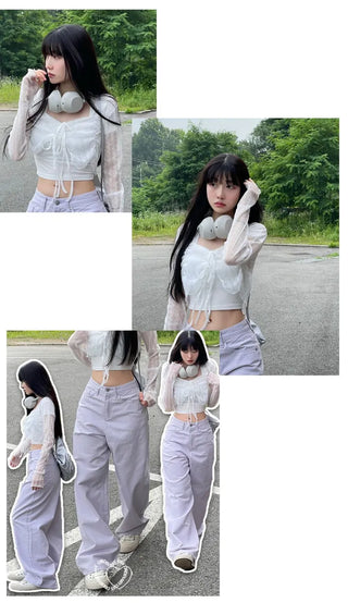 Canil shirring lace warmer double strap crop cardigan