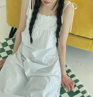 Pure Cotton Vintage Punching Ribbon Long Dress