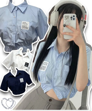 glam waist banding patch pocket crop shirt