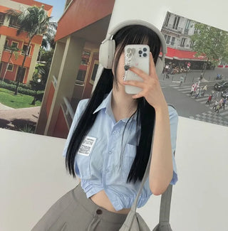 glam waist banding patch pocket crop shirt