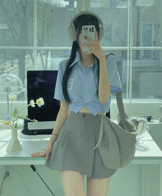 glam waist banding patch pocket crop shirt