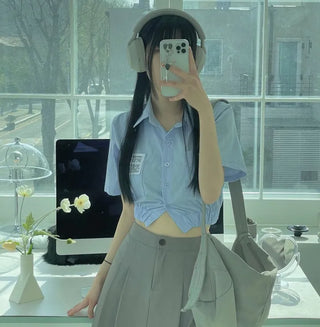 glam waist banding patch pocket crop shirt