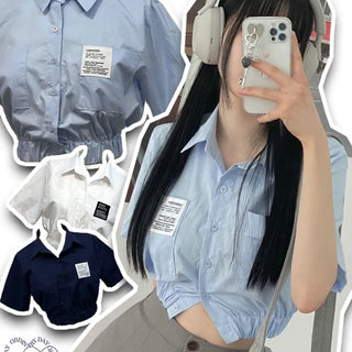 glam waist banding patch pocket crop shirt