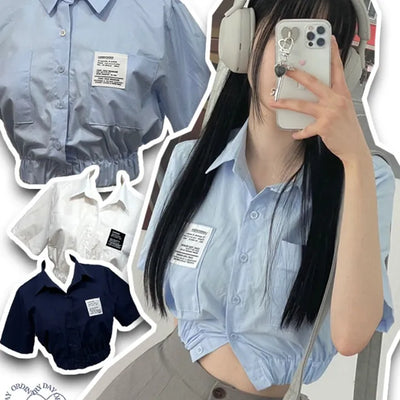 glam waist banding patch pocket crop shirt