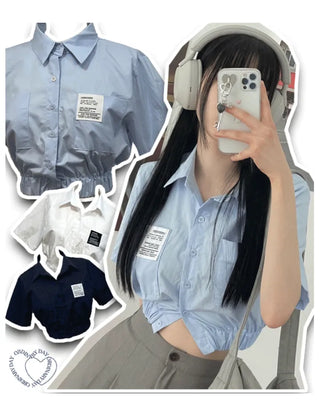 glam waist banding patch pocket crop shirt