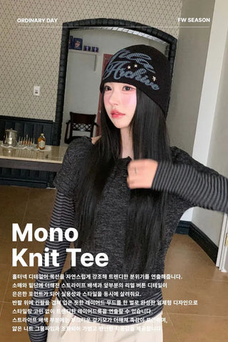 Mono Halter Layered Striped Long Sleeve Knit T-shirt
