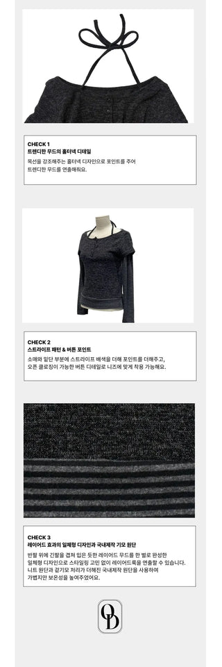 Mono Halter Layered Striped Long Sleeve Knit T-shirt