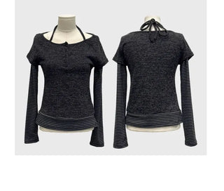 Mono Halter Layered Striped Long Sleeve Knit T-shirt