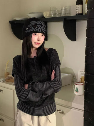 Mono Halter Layered Striped Long Sleeve Knit T-shirt