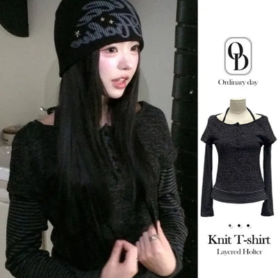 Mono Halter Layered Striped Long Sleeve Knit T-shirt