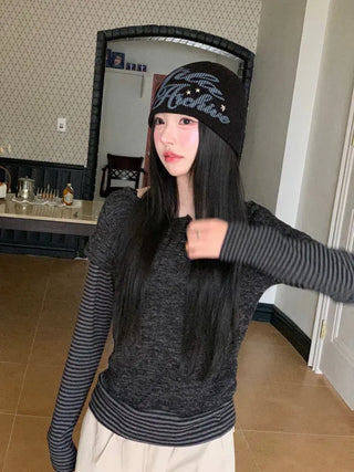 Mono Halter Layered Striped Long Sleeve Knit T-shirt