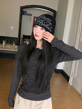 Mono Halter Layered Striped Long Sleeve Knit T-shirt