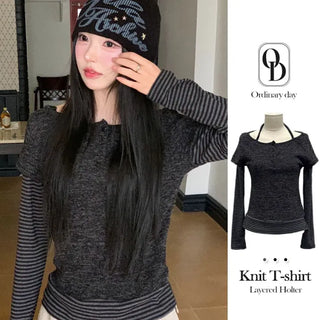 Mono Halter Layered Striped Long Sleeve Knit T-shirt