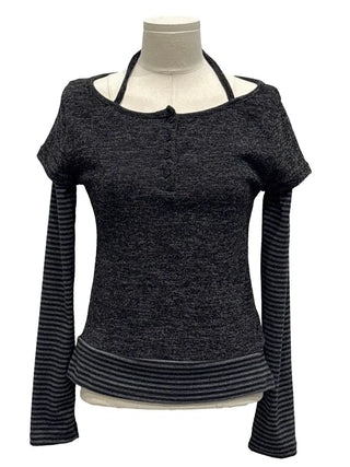 Mono Halter Layered Striped Long Sleeve Knit T-shirt