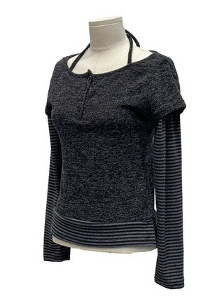 Mono Halter Layered Striped Long Sleeve Knit T-shirt
