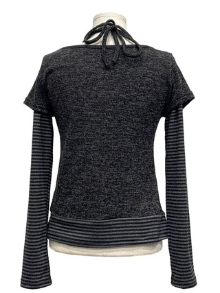 Mono Halter Layered Striped Long Sleeve Knit T-shirt