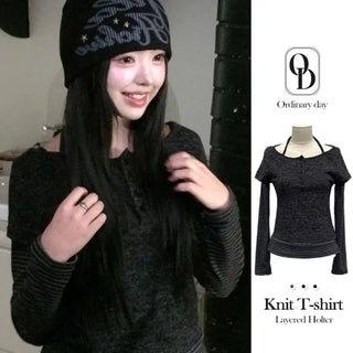 Mono Halter Layered Striped Long Sleeve Knit T-shirt