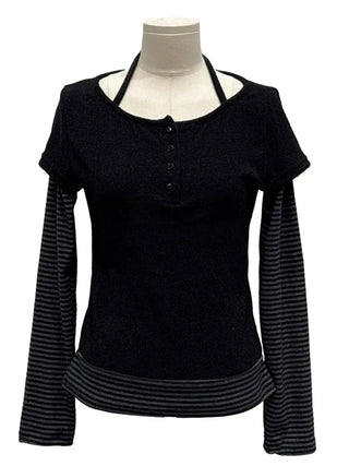 Mono Halter Layered Striped Long Sleeve Knit T-shirt