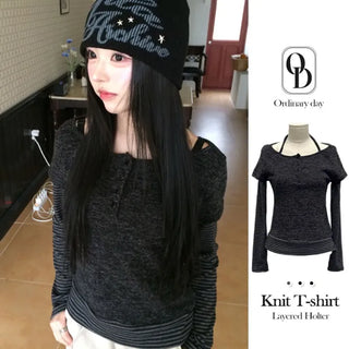 Mono Halter Layered Striped Long Sleeve Knit T-shirt