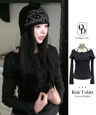 Mono Halter Layered Striped Long Sleeve Knit T-shirt