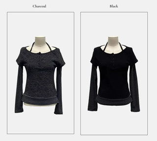 Mono Halter Layered Striped Long Sleeve Knit T-shirt