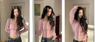 Fairy pine needle square neck ribbon shirring long sleeve knit