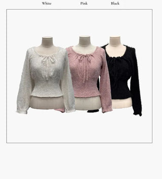 Fairy pine needle square neck ribbon shirring long sleeve knit