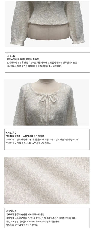 Fairy pine needle square neck ribbon shirring long sleeve knit
