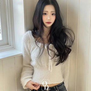 Fairy pine needle square neck ribbon shirring long sleeve knit