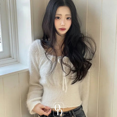 Fairy pine needle square neck ribbon shirring long sleeve knit
