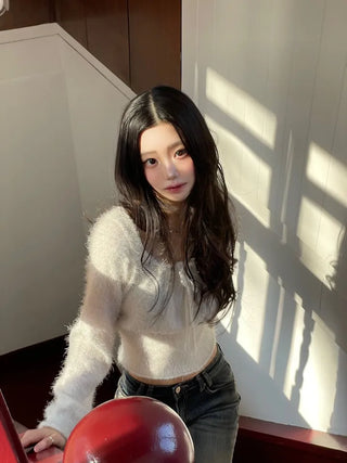 Fairy pine needle square neck ribbon shirring long sleeve knit