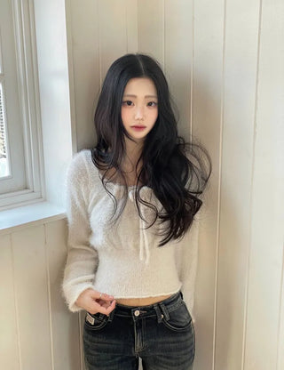 Fairy pine needle square neck ribbon shirring long sleeve knit