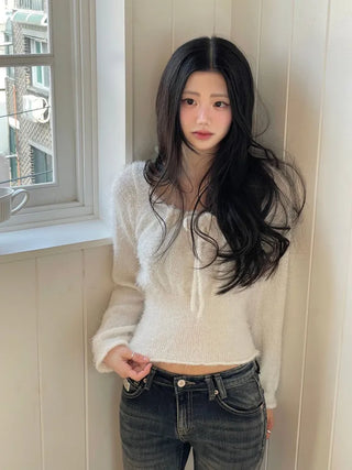 Fairy pine needle square neck ribbon shirring long sleeve knit