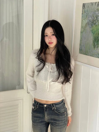 Fairy pine needle square neck ribbon shirring long sleeve knit
