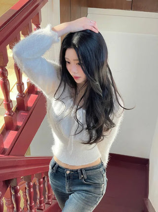 Fairy pine needle square neck ribbon shirring long sleeve knit