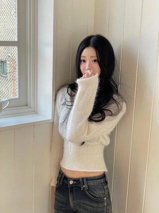 Fairy pine needle square neck ribbon shirring long sleeve knit