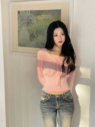 Fairy pine needle square neck ribbon shirring long sleeve knit