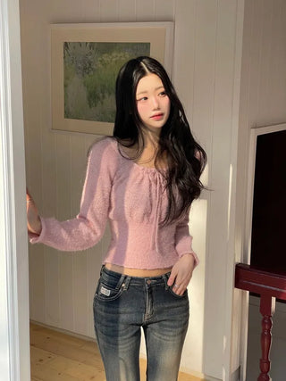 Fairy pine needle square neck ribbon shirring long sleeve knit