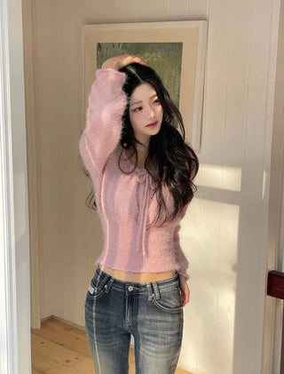 Fairy pine needle square neck ribbon shirring long sleeve knit