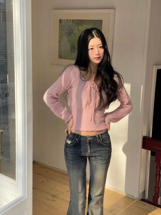 Fairy pine needle square neck ribbon shirring long sleeve knit