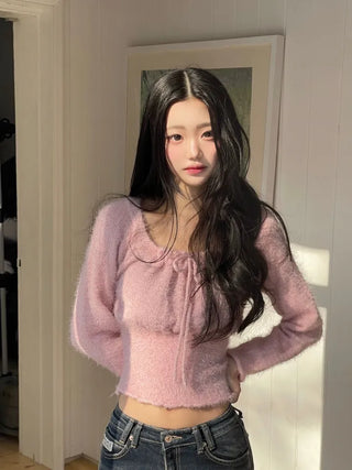 Fairy pine needle square neck ribbon shirring long sleeve knit