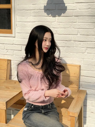 Fairy pine needle square neck ribbon shirring long sleeve knit