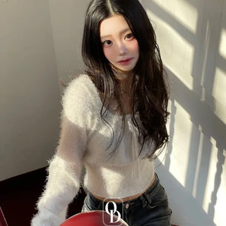 Fairy pine needle square neck ribbon shirring long sleeve knit